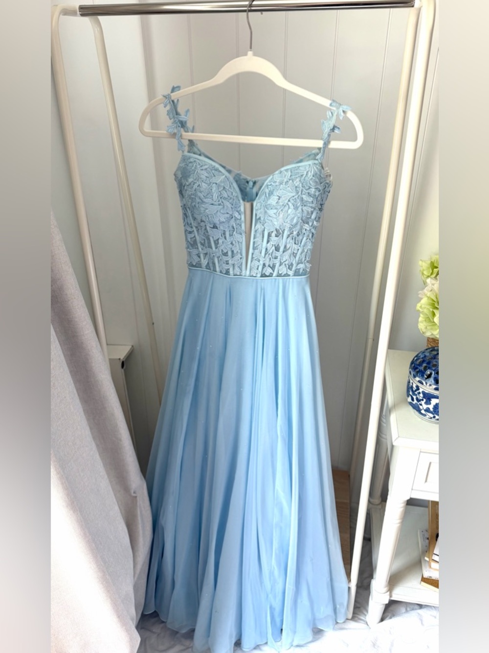 Sherri Hill Light Blue Lace and Chiffon Corset Sweetheart Neck A-line Prom Dress